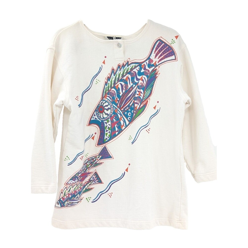 Ours Collection 90s Fish Artsy Pullover Sweater Womens Shell Buttons Size S/M